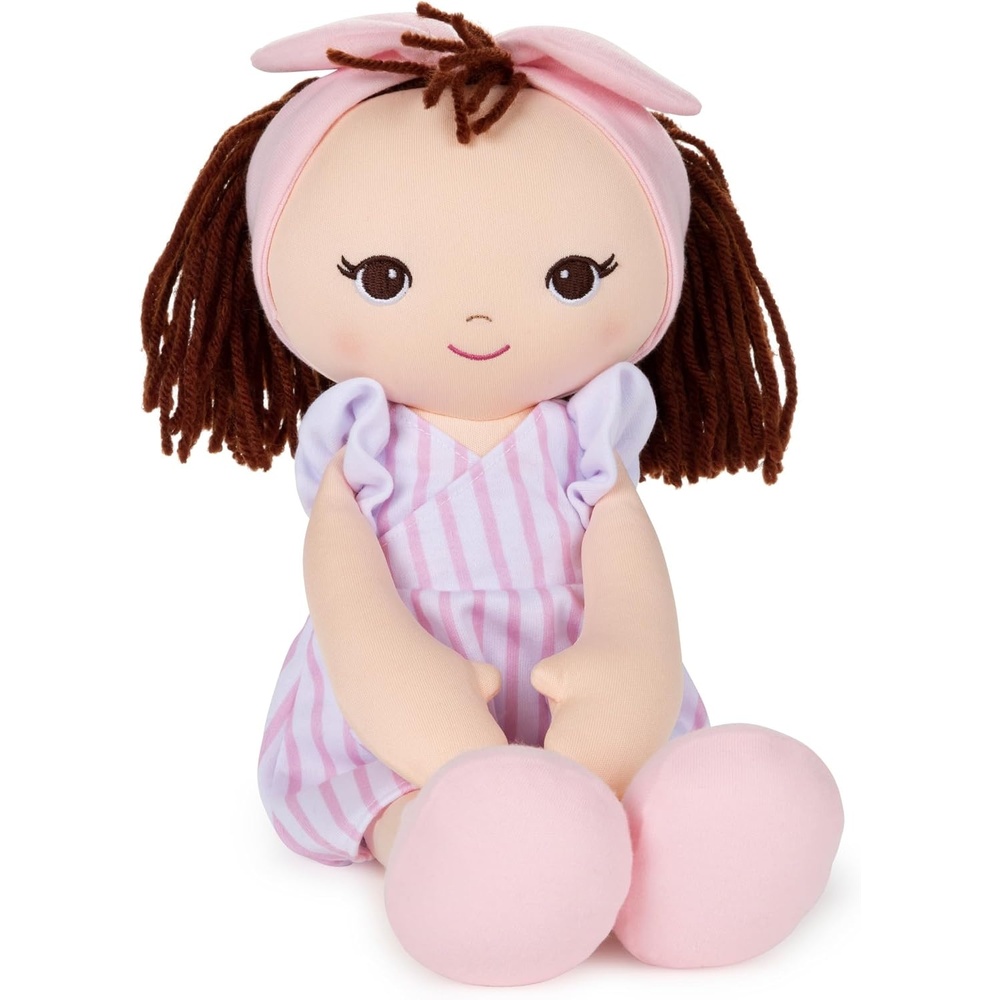 GUND Baby Toddler Doll Plush Brunette, Pink Striped Dress, 8″
