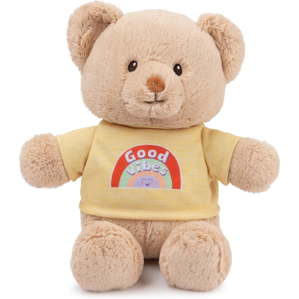 GUND Be Brave Sustainable Message Bear with Blue T-Shirt, Teddy Bear Made from 100% Recycled Materials for Ages 1 and Up, Tan, 12(Tshirt Teddy Bear -Good Vibes)